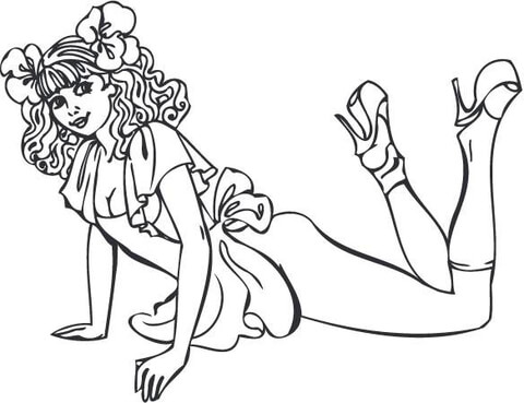 Pin-up with Flowers in Her Hair and with High Heels Lying on the Floor Coloring page