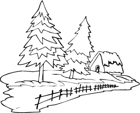 Two Pine Trees and a House Coloring page