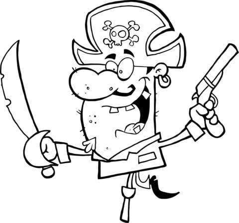 Pirate with a Sword and Gun Balances on Peg Leg Coloring page