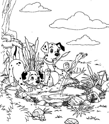 Dalmatians are Playing with a frog Coloring page