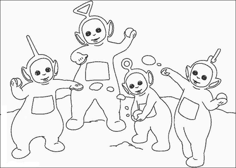 Laa-Laa, Po, Tinky-Winky, Dipsy are playing snowball  Coloring page