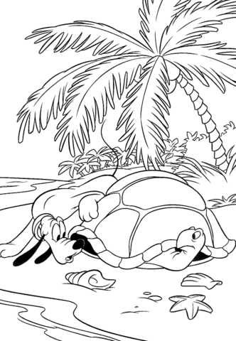 Pluto and a Turtle on the Beach Coloring page