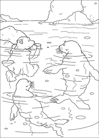 Polar Bear Lars is Swimming With seals Coloring page