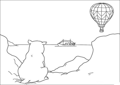 Polar Bear Is looking at the horizon. There is a ship and an air balloon afar. Coloring page