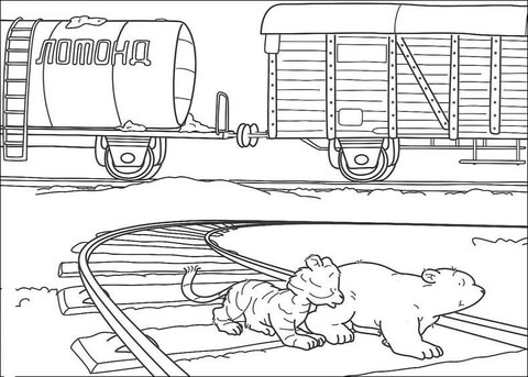 Little Polar Bear Lars Is Walking on railroad tracks Coloring page