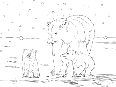 Polar Bear Mother with Two Cubs Coloring page