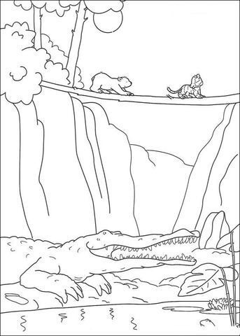 Lars and Husky are crossing the bridge. A crocodile is nearby.   Coloring page