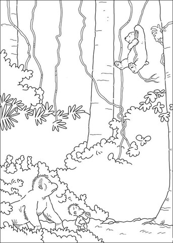 Little Polar Bear is swinging on a liana Coloring page