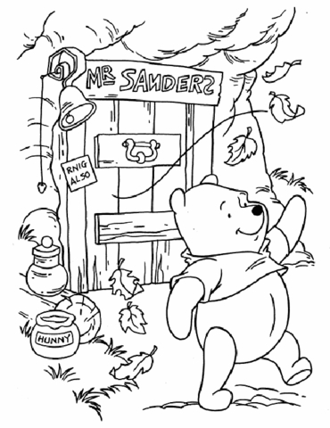 Pooh is walking near his house. It's windy.  Coloring page