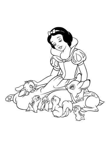 Snow White Is Playing With The forest animals Coloring page