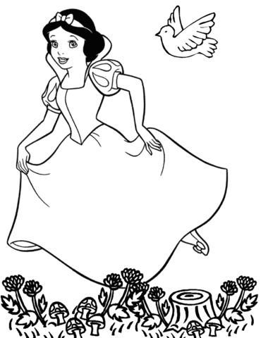 Running Snow White and a dove following her  Coloring page