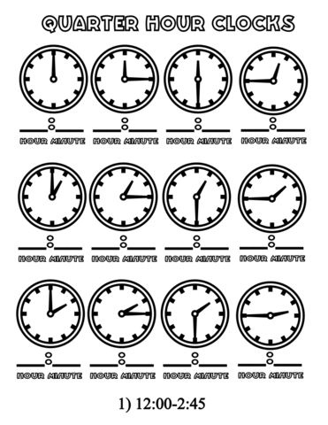 Quarter Hours Clocks 12:00-2:45 Coloring page