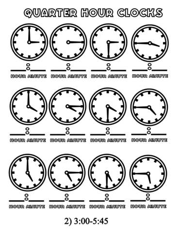 Quarter Hours Clocks 3:00-5:45 Coloring page