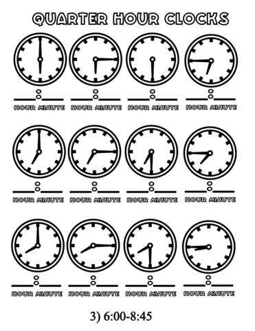 Quarter Hours Clocks 6:00-8:45 Coloring page