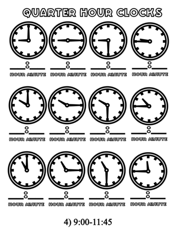 Quarter Hours Clocks 9:00-11:45 Coloring page