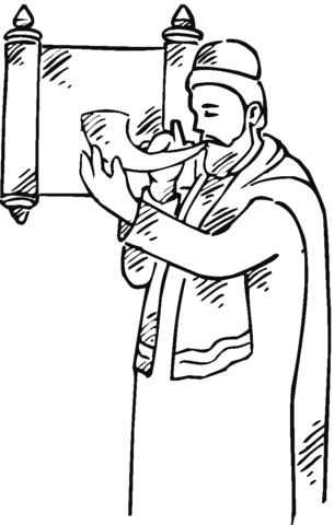 Man with a shofar near scroll Coloring page