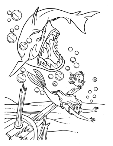 Ariel and Flounder are escaping a shark  Coloring page