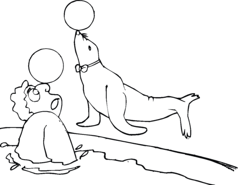 Seal Play The Ball With A Man Coloring page