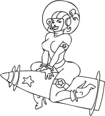 Sexy Astronaut Girl Riding a Rocket Coloring page