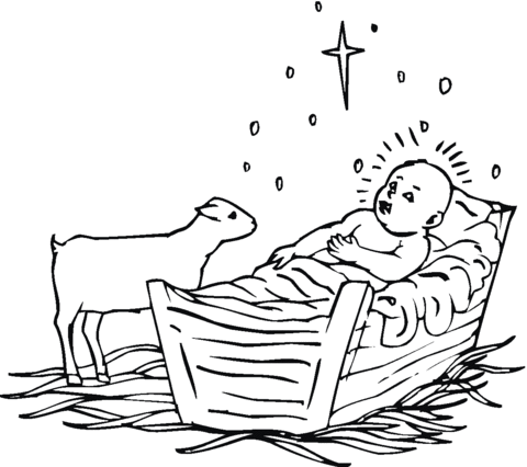 Lamb near baby Jesus Coloring page