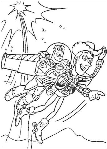 Sheriff Woody And Buzz Lightyear are flying Coloring page