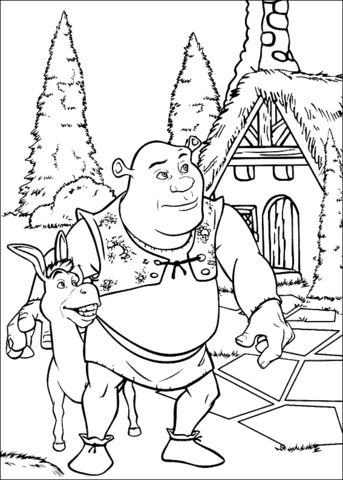 Sherk And Donkey near the house Coloring page