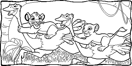 Simba and Nala are riding two Ostrichs  Coloring page