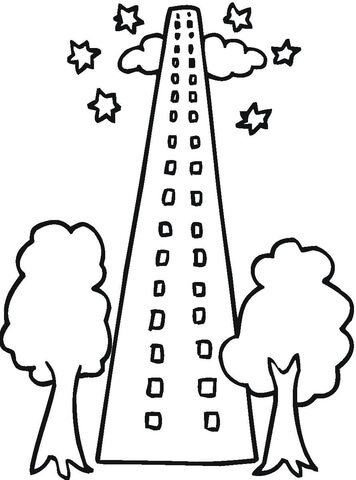 Skyscraper with two trees in front Coloring page