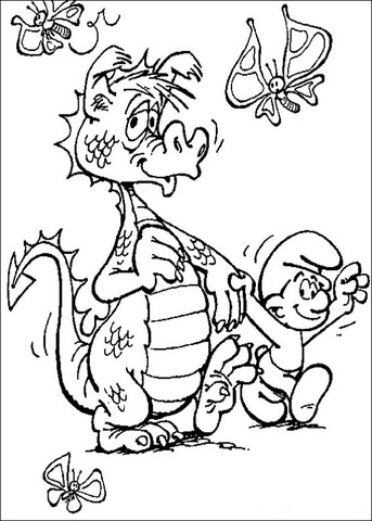 Smurf And Dragon  Coloring page