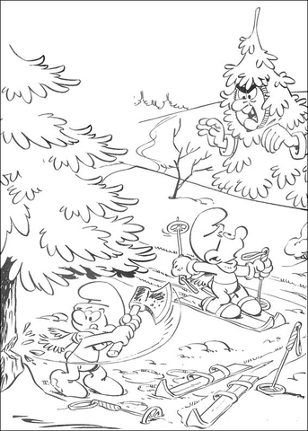 Smurf Is Cutting The Tree  Coloring page