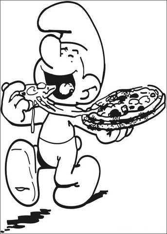 Smurf Is Eating a pizza Coloring page