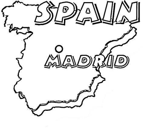 Map of Spain. Madrid is the capital of Spain.  Coloring page