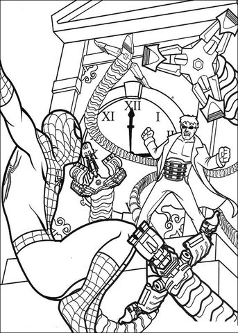 Spider-man is fighting with Doctor Octopus Coloring page