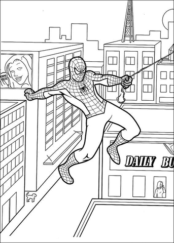 Spider-man is hanging with his web Coloring page