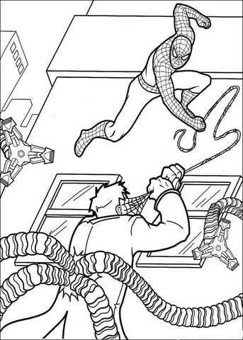 Spider-man shoots with web into the face of Doctor Octopus  Coloring page