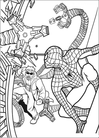 Doctor Octopus is chasing Spider-man Coloring page