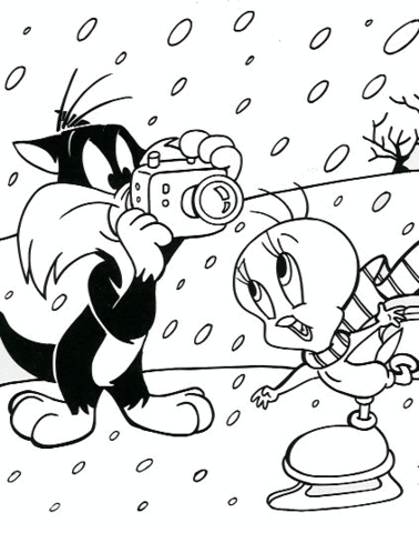 Sylvester Taking Picture of Tweety Coloring page