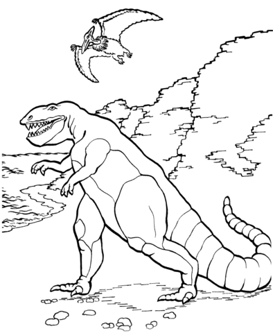 Tarbosaurus and Pteranodon Coloring page