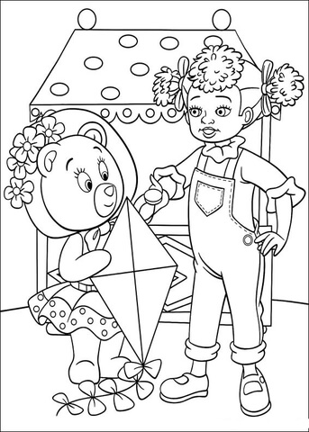 Tessie Bear holds a Kite and wants to play with Dinah Doll  Coloring page