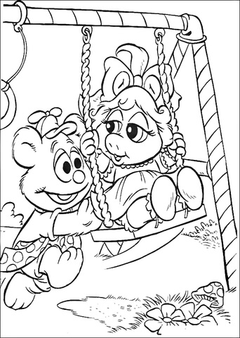 Baby Fozzie and Baby Miss Piggy on a Swings Coloring page