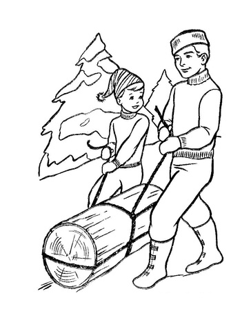 Father and son are bringing beam  Coloring page