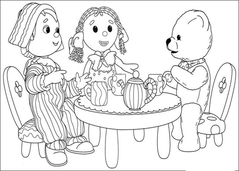 Looby Loo, Andy Pandy And Teddy bear Are Having Tea Time Together  Coloring page