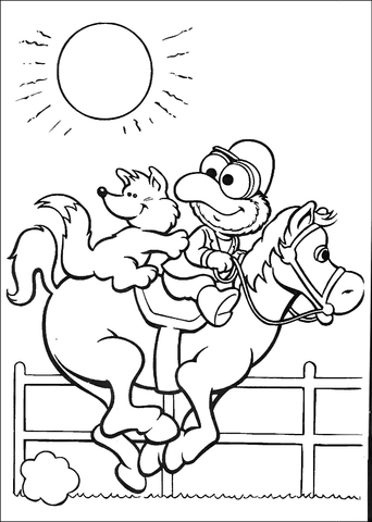 Baby Gonzo and fox are riding horse  Coloring page