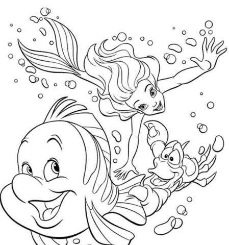 Ariel, Sebastian and Flounder Are Swimming Together Coloring page