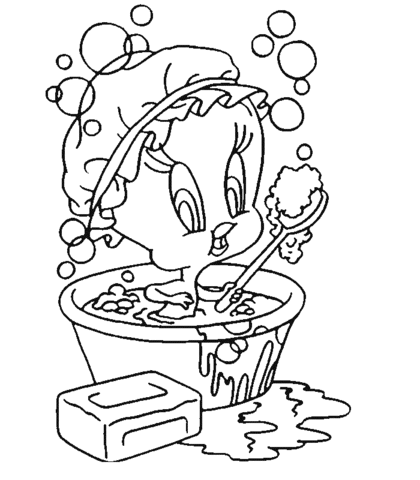 Tweety is Taking Bath Coloring page