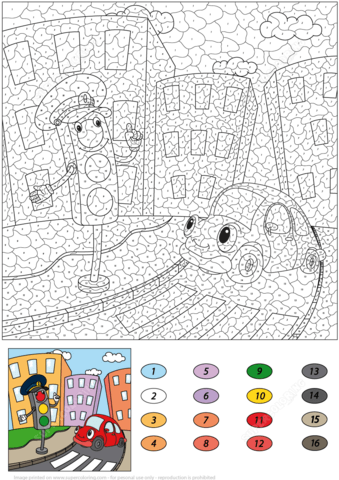 Traffic Light and Funny Car Color by Number Coloring page