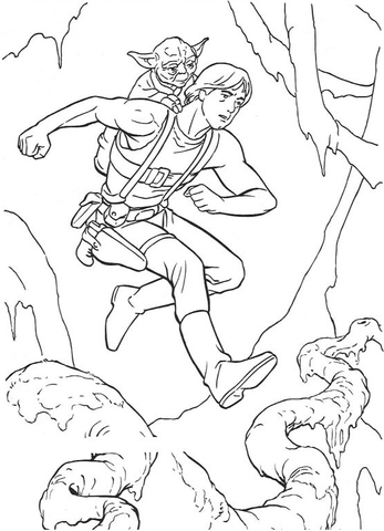 Yoda riding on Luke Skywalker's back Coloring page