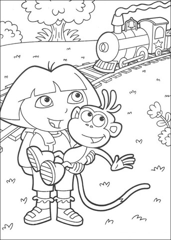 Dora will Travel With Boots on train Coloring page