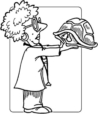 Veterinary physician and a shy turtle   Coloring page