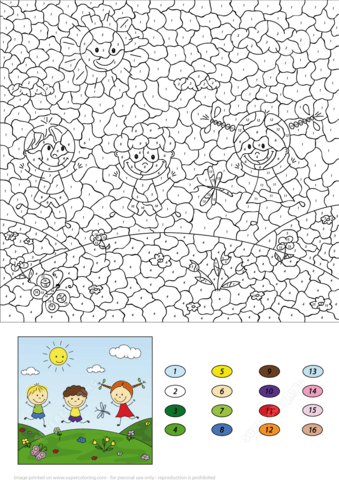 Two Boys and a Girl Playing in the Meadow Color by Number Coloring page